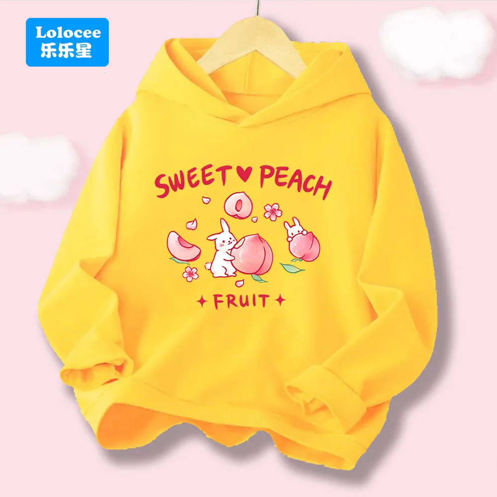 Lolocee Girls' Hoodie,Sweet Peach Fruit And Bunny Graphic Hoody Sweatshirt, Comfortable Kids' Long Sleeve Pullovers Top TZ01