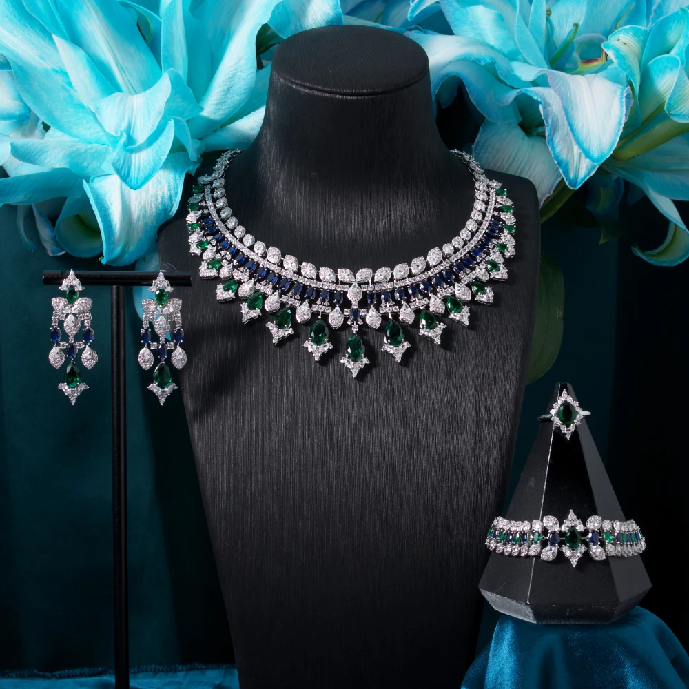 

New Accessories Colorful Cubic Zircon Jewelry Sets for Women Luxury Dubai CZ Bridal Wed Jewellery Necklace Set