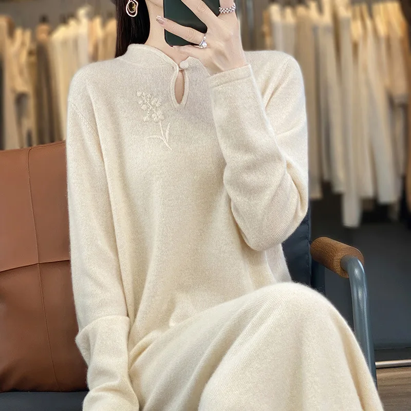 % Wool Spring New Women's Stand Collar New Style Overknee Sweater Dress Lengthened Cheongsam Knitted Dress