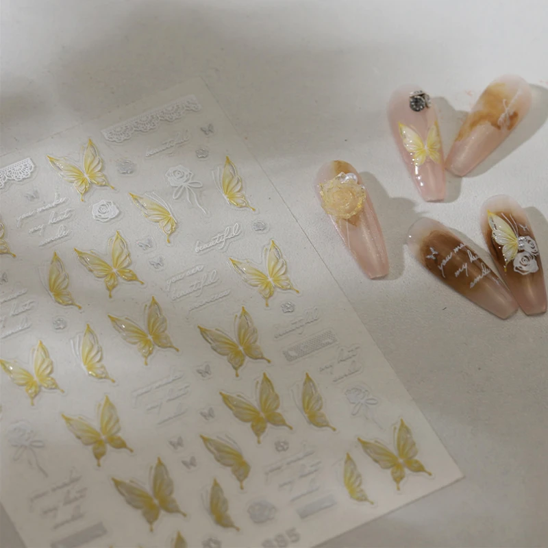 노란 나비 장미 꽃 레이스 점진적 날개 매력적인 로맨틱 젤리 동백 자기 접착제 네일 아트 스티커 매니큐어 데칼