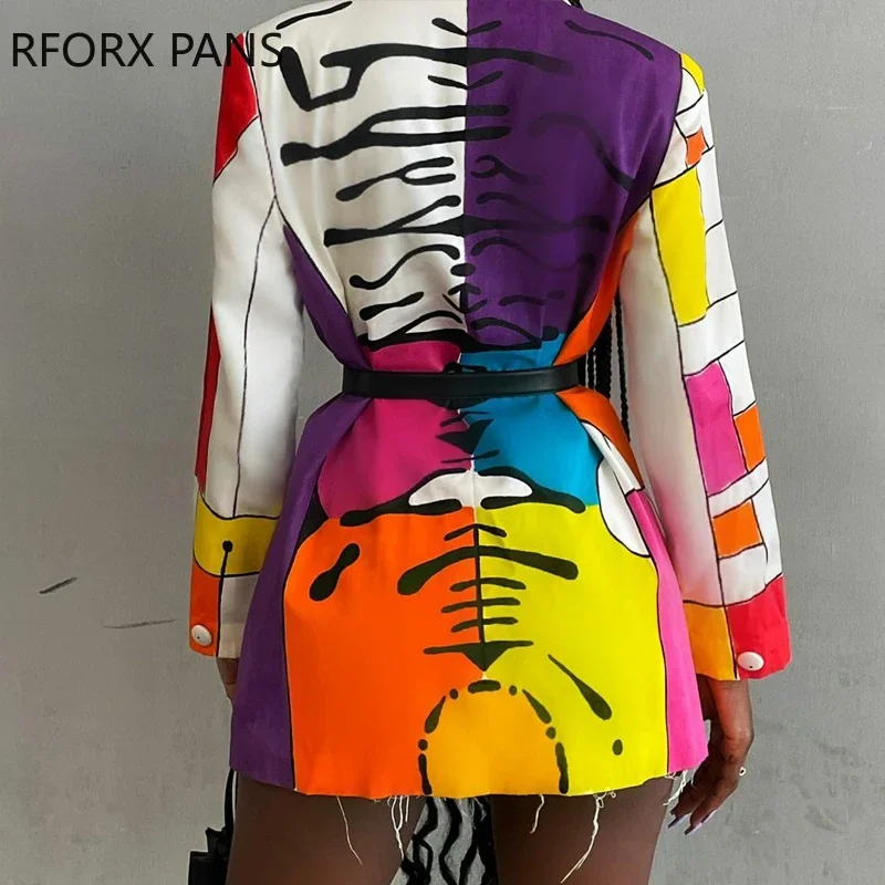 Women Elegant Abstract Graphic with Elephant Sashes Long Sleeves Blazer