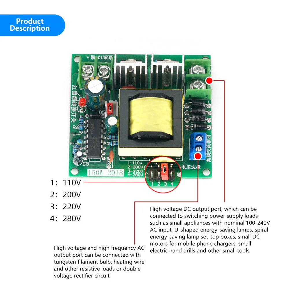 150W DC-AC Converter Booster Module 12V to 110V 200V 220V 280V 150W Inverse Converte Step UP Power Supply Module