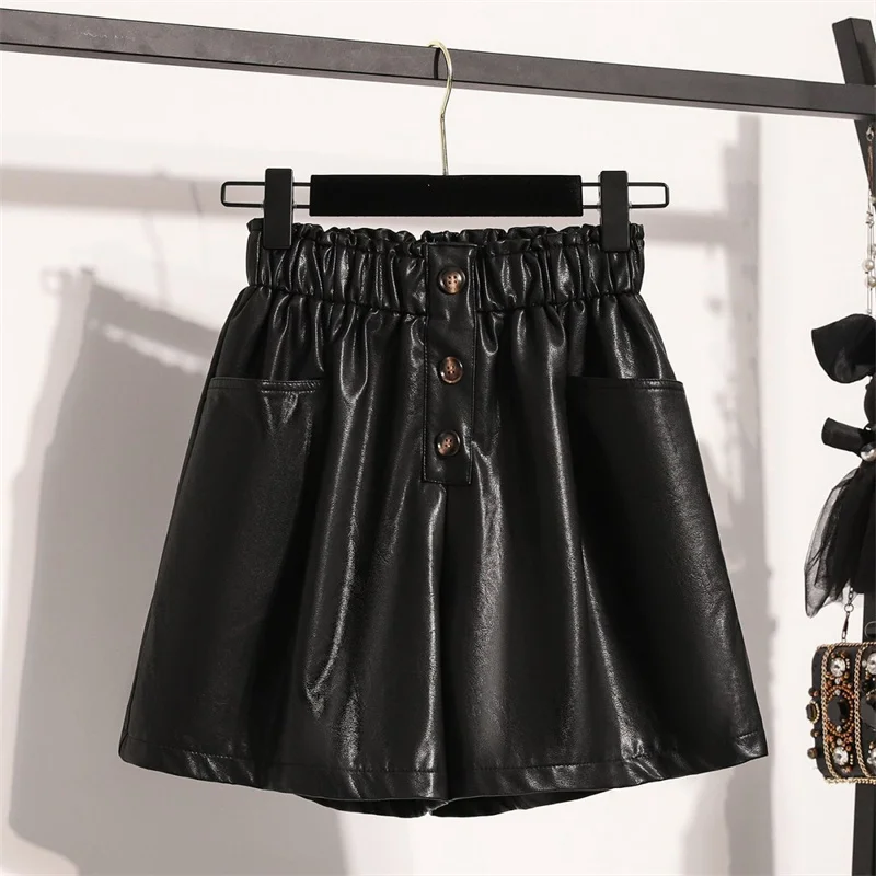 PU Leather Shorts Pants Women's Spring Atumn Winter New Elastic Waist Versatile Wide Leg Outer Boots Pants 2026