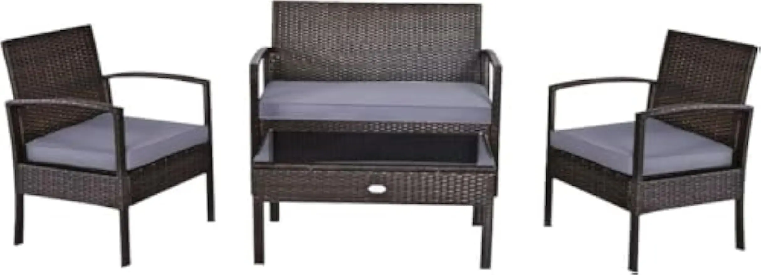 

4 Piece Patio Furniture Set, Outdoor Modern Wicker Rattan Conversation Set w/Tempered Glass Top Coffee Table & 3 Padded Cushions