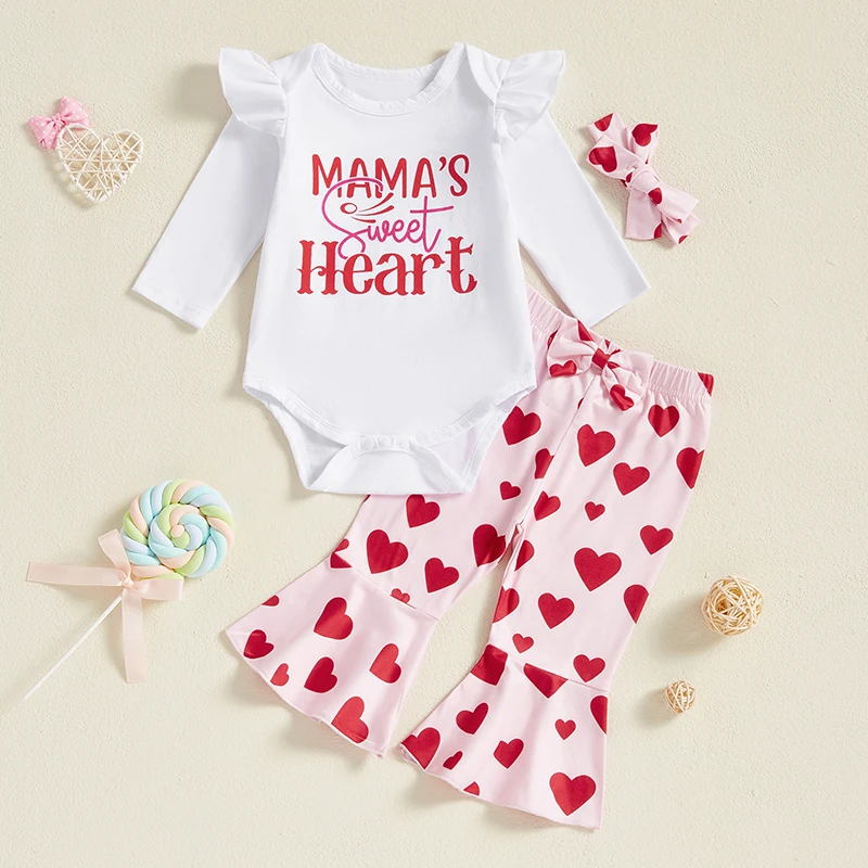 Toddler Girls Valentine s Day Outfit Set Ruffle Sleeve Heart Print Romper Love Print Pants Bow Headband 3pcs Set for Baby Girls