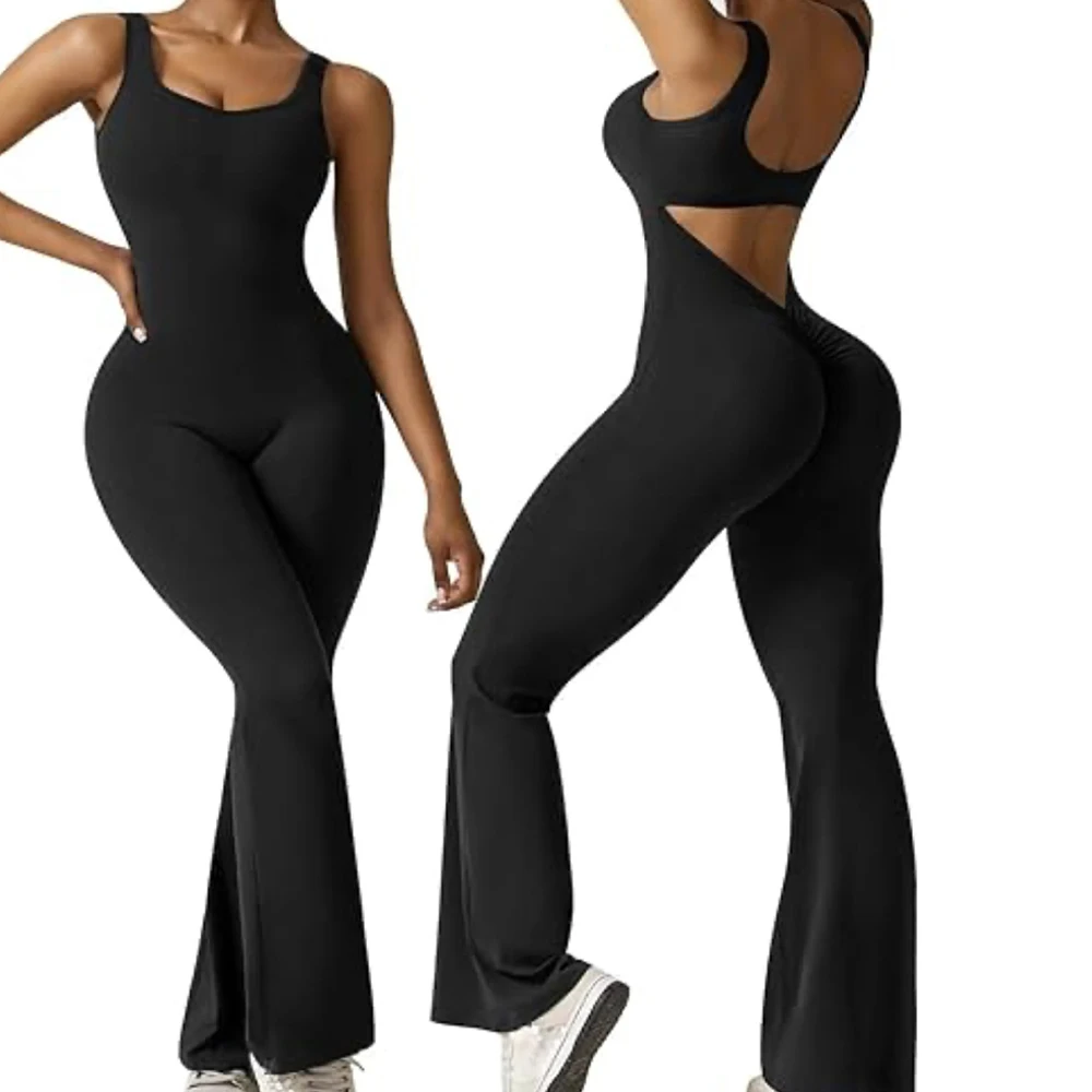 

Sleeveless Flare Jumpsuits for Women Sexy Backless Bodycon V Back Scrunch Butt Yoga Rompers Seamless Workout Bodysuit