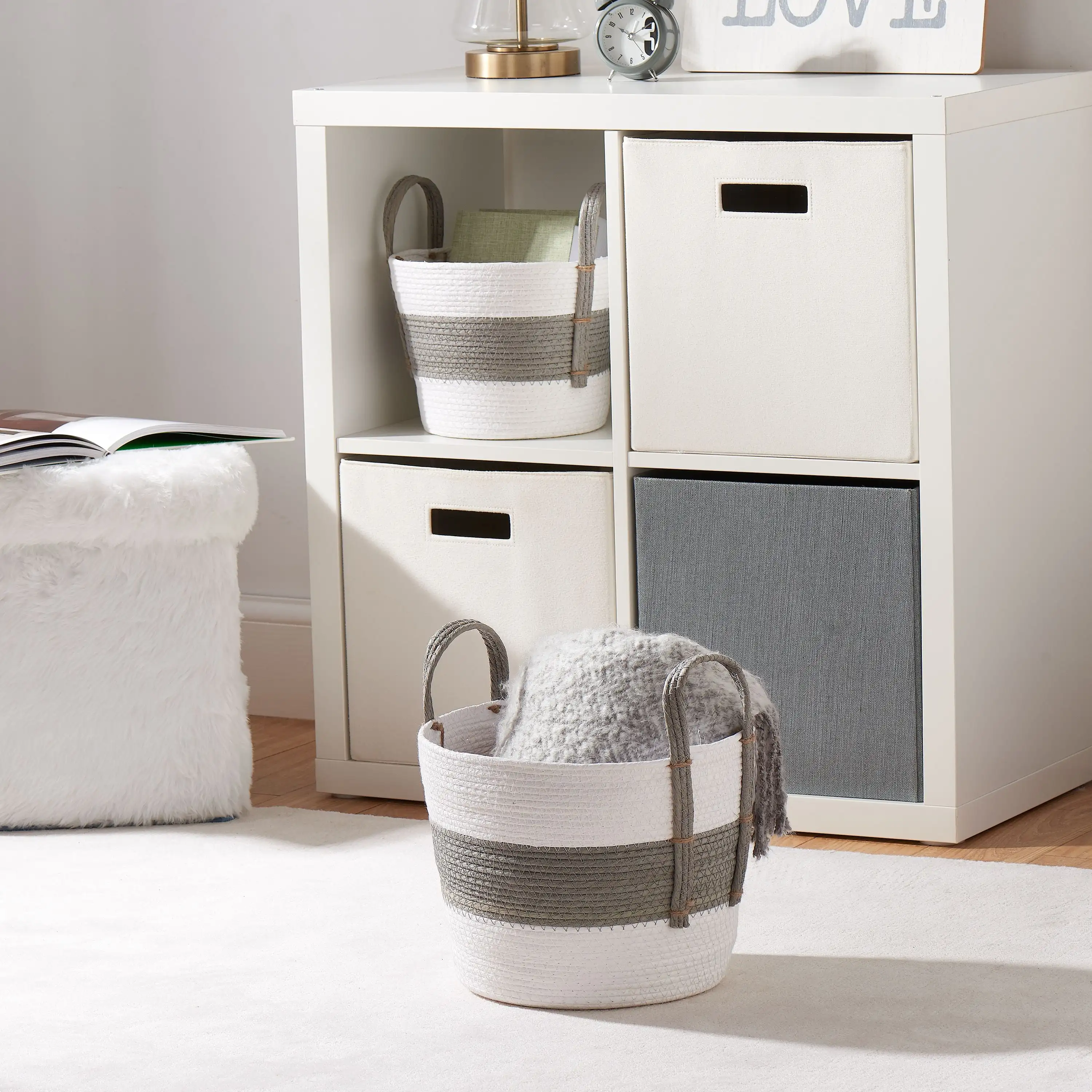 Round Paper Rope Baskets, White, Gray, Set of 2, Medium & Small