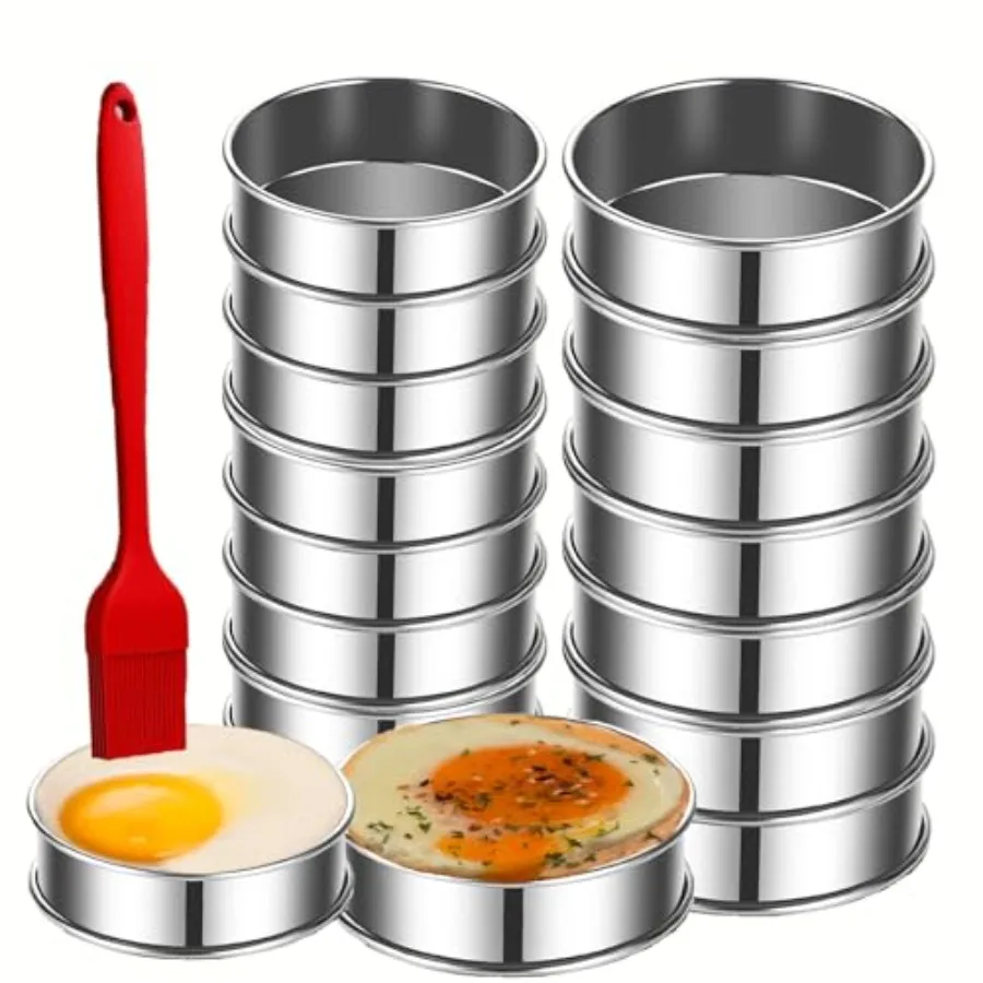 

16Packs English Muffin Rings Crumpet Rings 4 inch Stainless Steel Double Rolled Tart Rings 4 inch and 3.15 inch, Round Metal Co