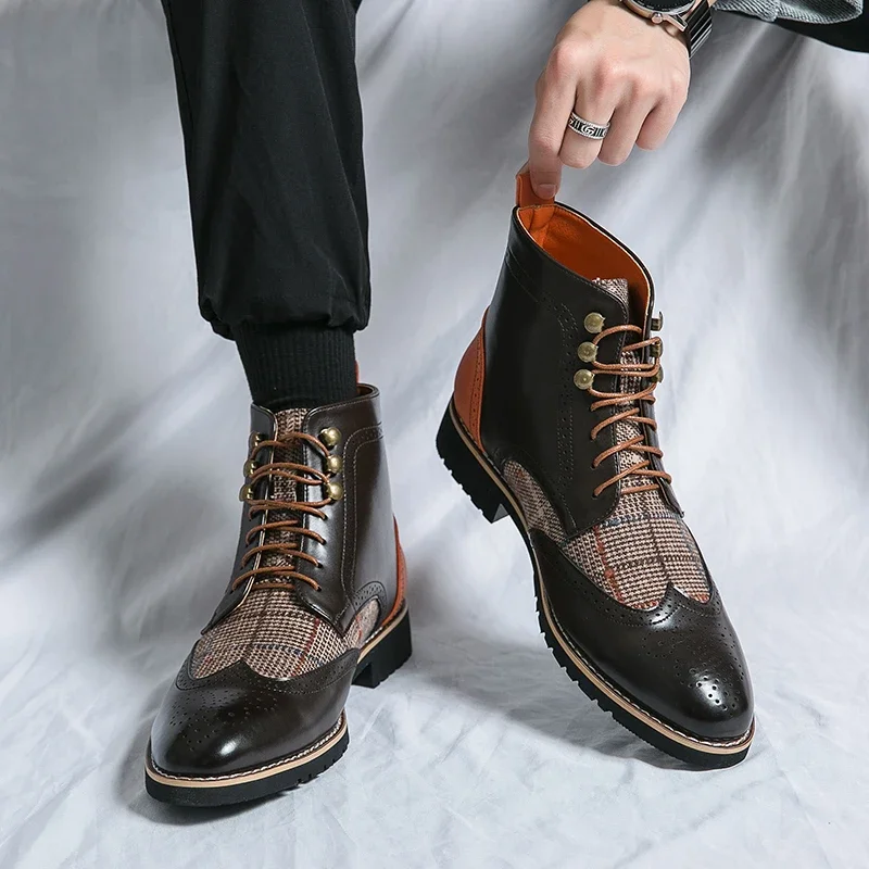 Retro Black High Top Men's Brogue Shoes Pointed-Toe Lace-Up Leather Boots Comfortable Dress Boots for Men 2025 Botas Para Hombre - view 4