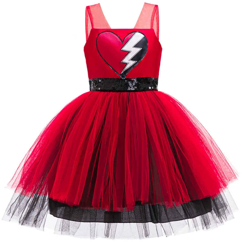 Girls Red Heart Lightning Tutu Dress Kids Halloween Party Costume Sleeveless Mesh Princess Fancy Outfit Rise Red Cosplay Dress