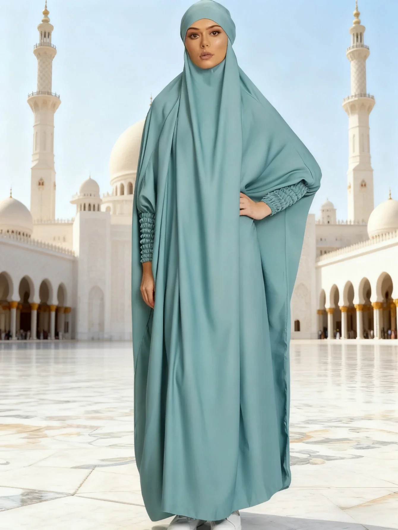 Eid Women prayer dress One Piece Jilbab Ramadan Muslim Hooded Prayer Garment Abaya Long Khimar Full Cover Gown Islamic Niqab