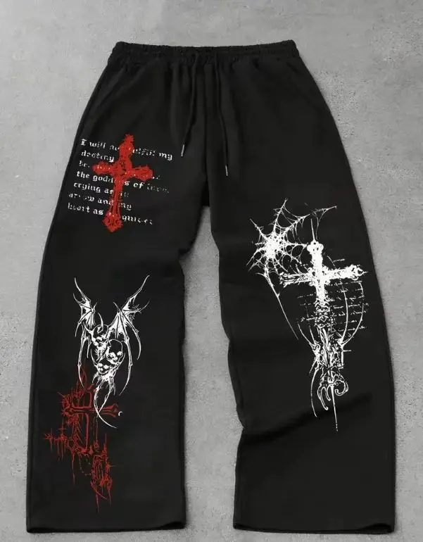 Retro Cross Pattern 3D Black Sports Pants - Men's Dark Aesthetic Gothic Loose Wide-leg Stretch Pants image 3