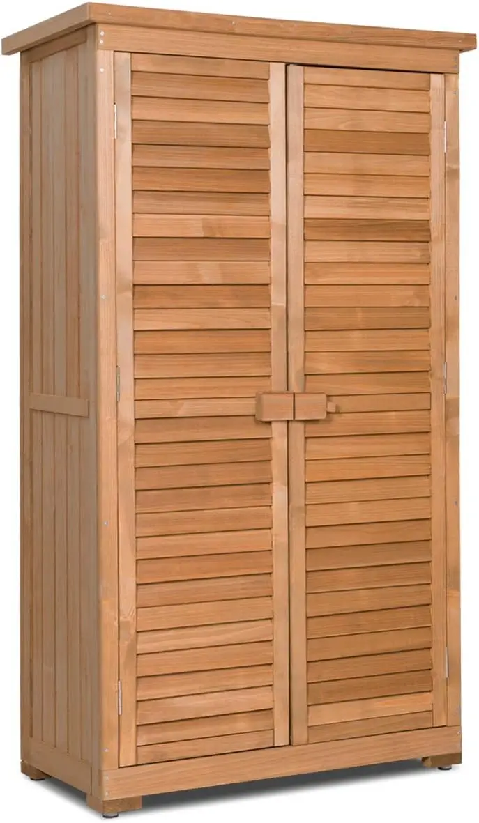 

Outdoor Storage Cabinet Wooden Storage Shed with Latch Detachable Shelves & Weather Resistant Pitch Roof Vertical Garden Tool