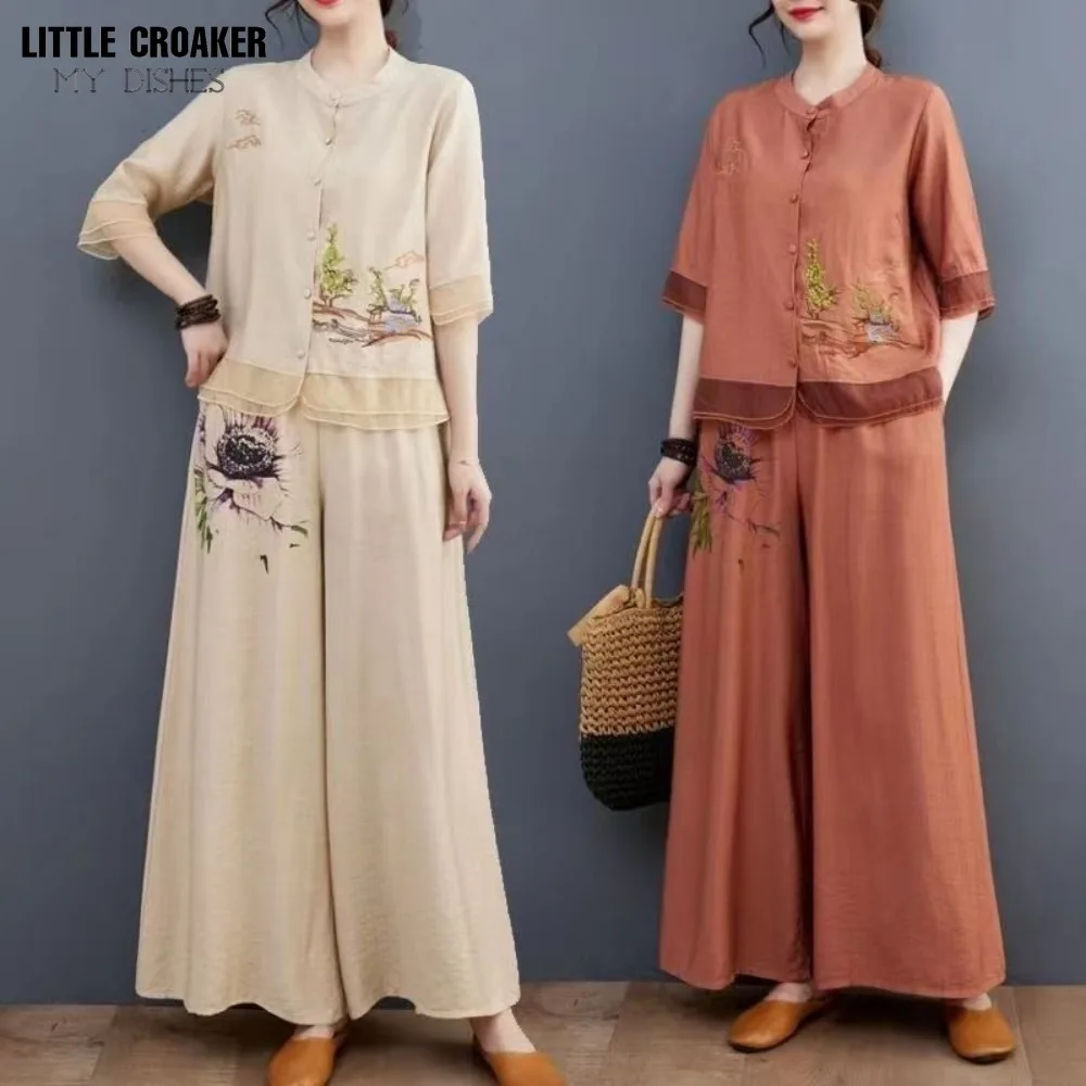 Oriental Vintage Chinese Clothes Set Women Ladies Cotton Linen Breathable Modern Summer Chinese Style Two Piece Top Pant Suit