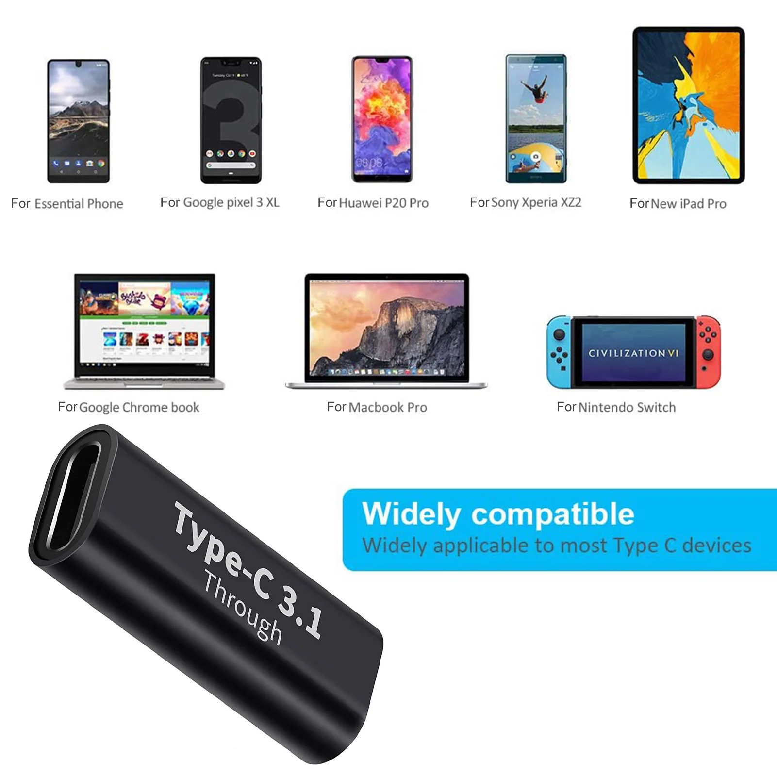 USB Type C Adapter Female to Female Converter Portable USBC Charge Data Sync Adapter Type-C Extension Cable for Phone Tablet