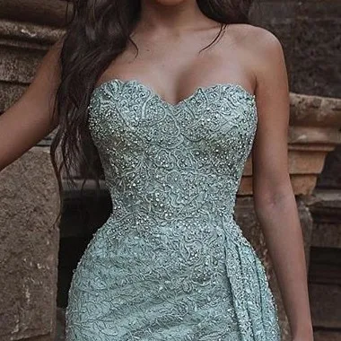 Custom sequin strapless prom dress high slit applique wedding banquet party evening dress