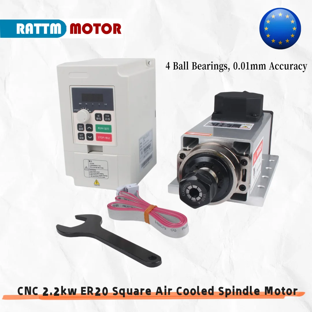 〖EU&USA〗CNC 2.2kw ER20 Square Type Air Cooled Spindle Motor 4 Ball Bearings 0.01mm Accuracy & 2.2KW Inverter VFD 1000Hz 220V