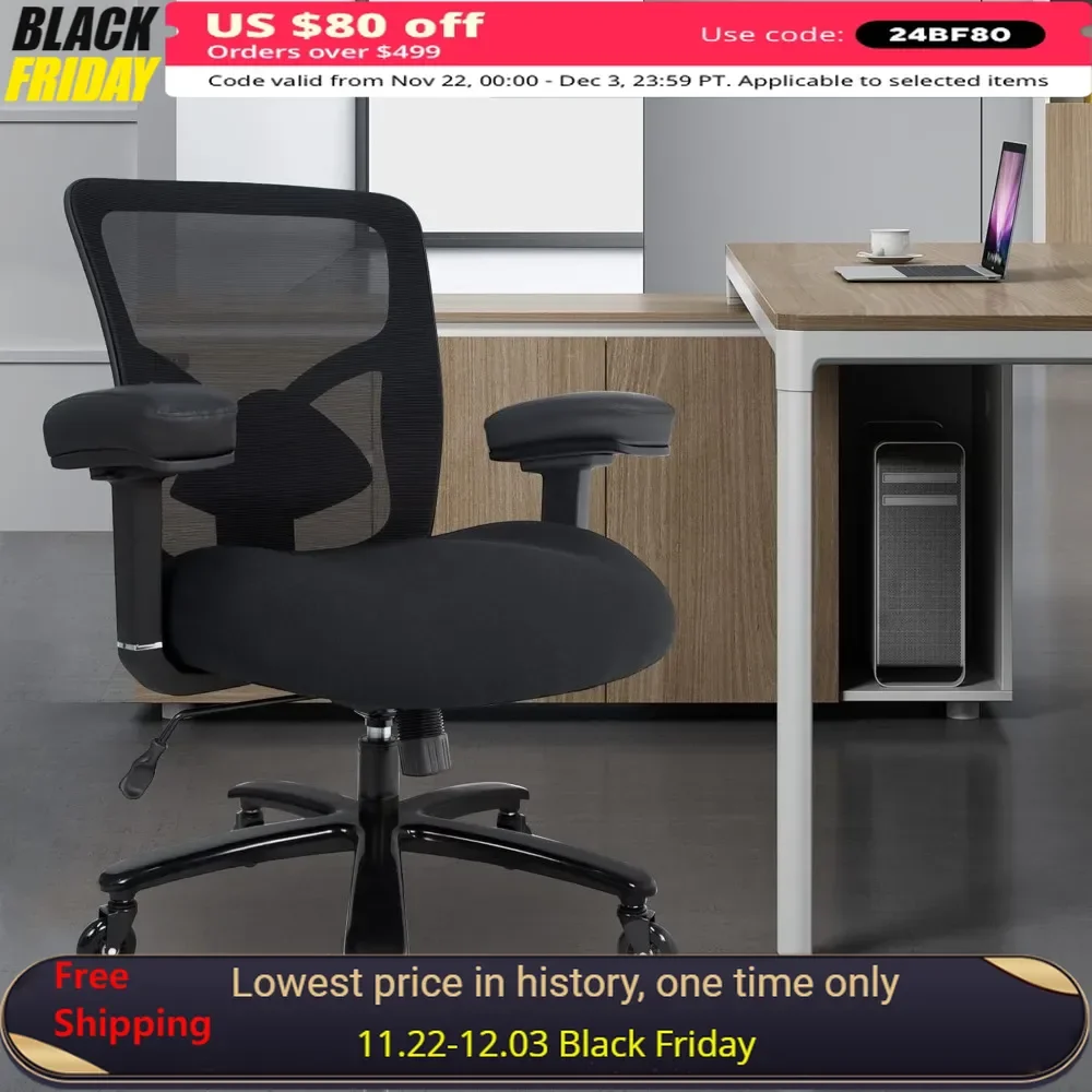 

Big Tall Office Chair, Wide Thick Seat Cushion, Adjustable Lumbar Support, Metal Base, Rubber Wheels, 4D Armrests, Office Chair