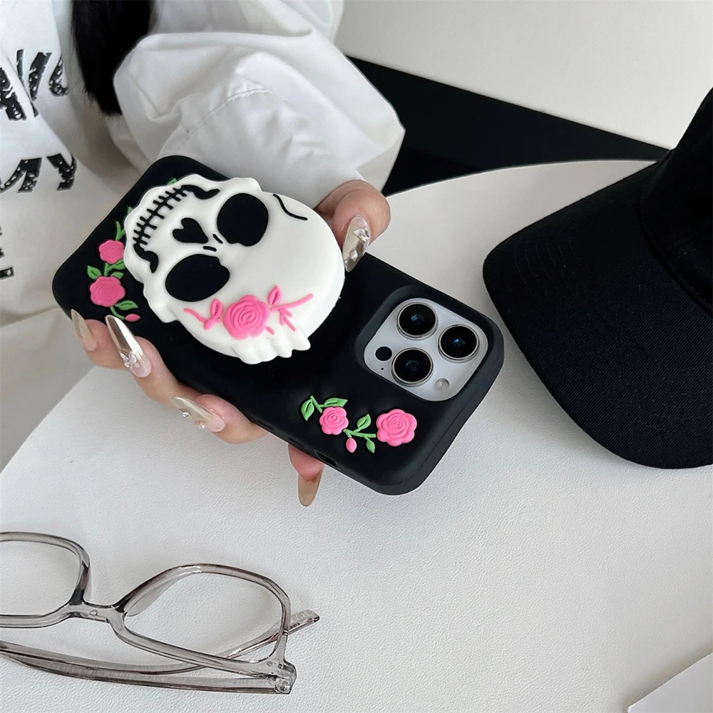 Lustige Halloween-Schädelhalterung, weiche Silikonhülle für iPhone 16 Plus 15 14 13 12 11 Pro Max, 3D-Cartoon-Ständerhalter-Abdeckung – Detail 8