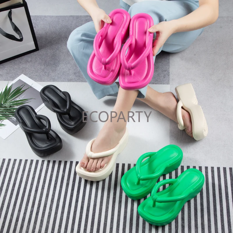 Flip-flops Bright Color Thick Soled Slippers 2023 New EVA High Heel Wear Clip on Flip Flops Outside Summer Shoes for Women