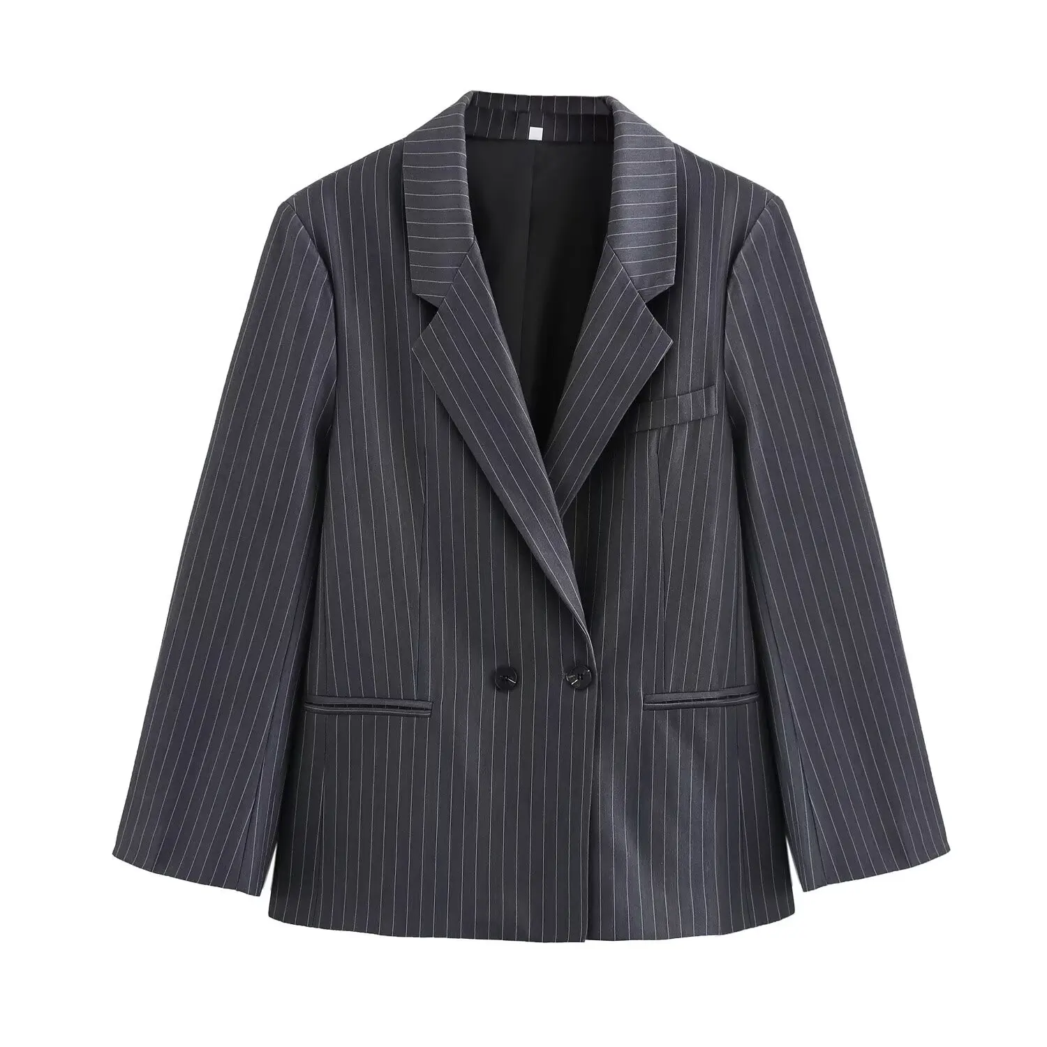 Ladies' new fashion pocket decoration loose double breasted striped suit coat retro long sleeved pocket women's coat chic top