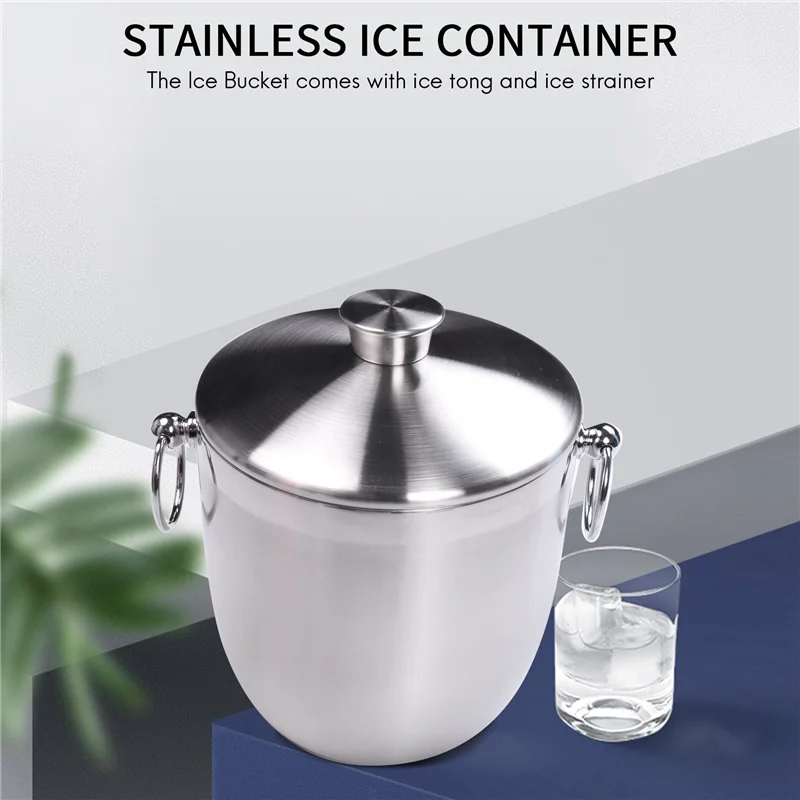 

A63X-Stainless Steel Ice Bucket With Tongs Liter Double Walled Insulated With Tongs And Lid Ice Container(3L)