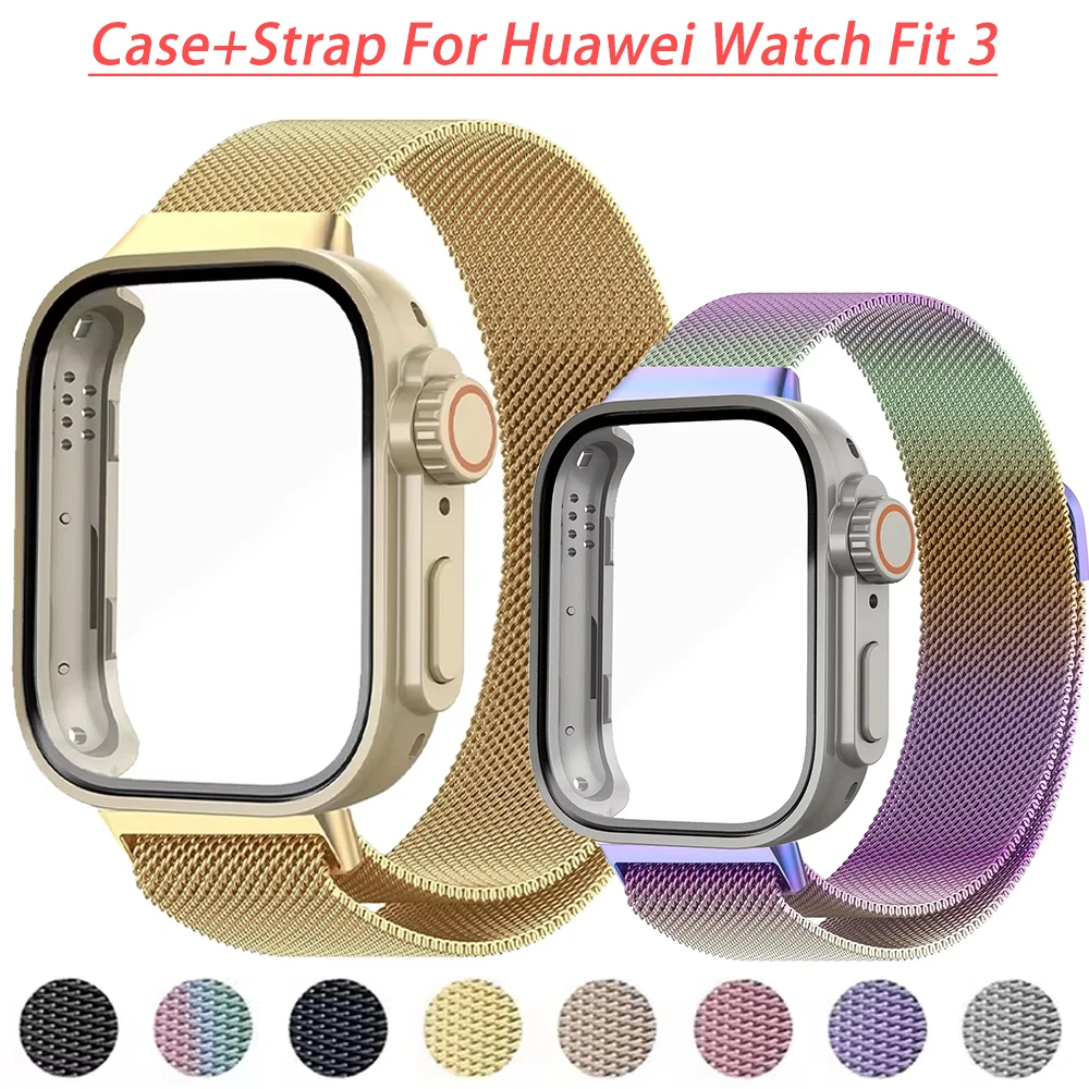 Gehäuse + Edelstahlband für Huawei Watch Fit 3, Armbandgehäuse, Correa Milanese-Armband für Huawei Fit3 Metallarmband-Zubehör