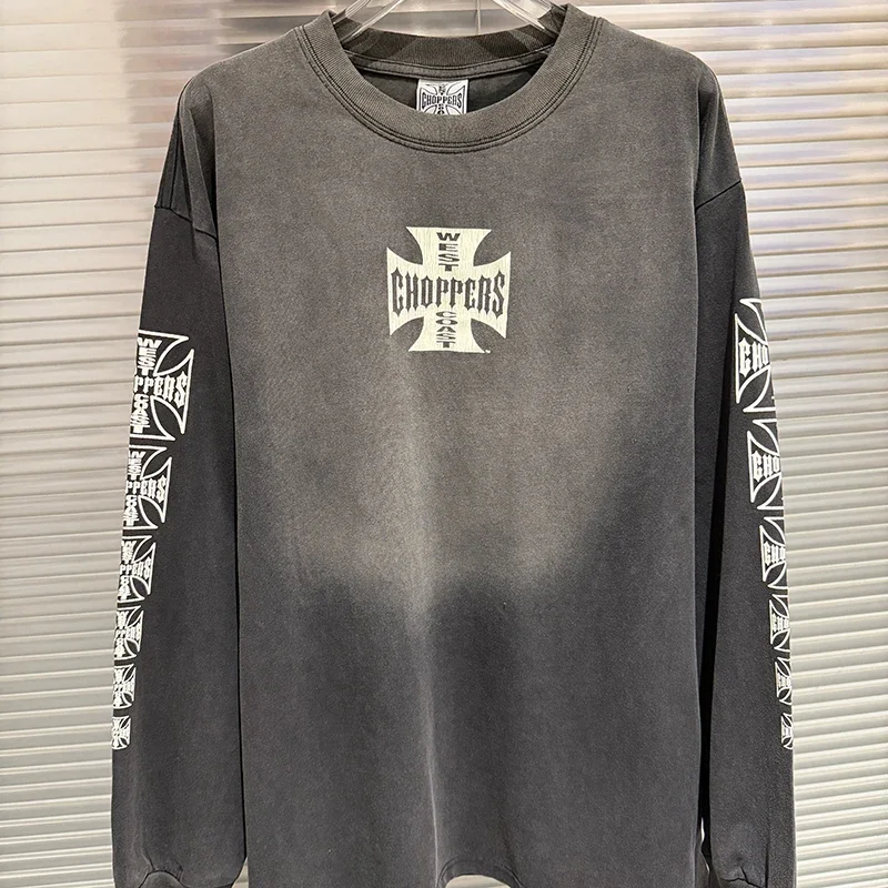 Vintage Washed Oversized West Coast Long Sleeve T Shirt Men Front Back Cross Print Full Sleeve Biker Styles Men Women Tee Shirt