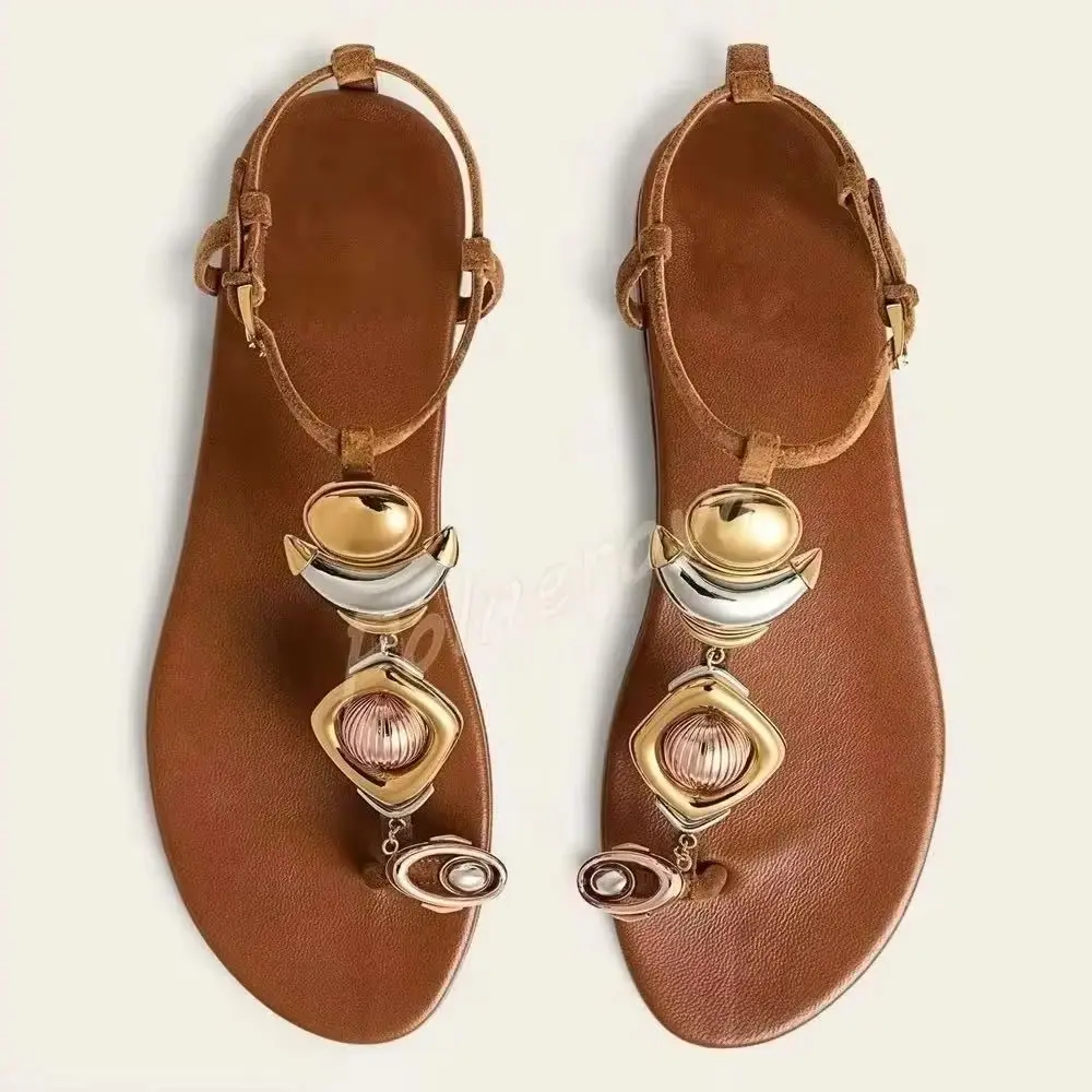 Women Metal Mixed Color Sandals Flat Bohemian T-Strap Ankle Strap Clip Toe Sandals Brown Suede Summer Beach Party Leisure Shoes
