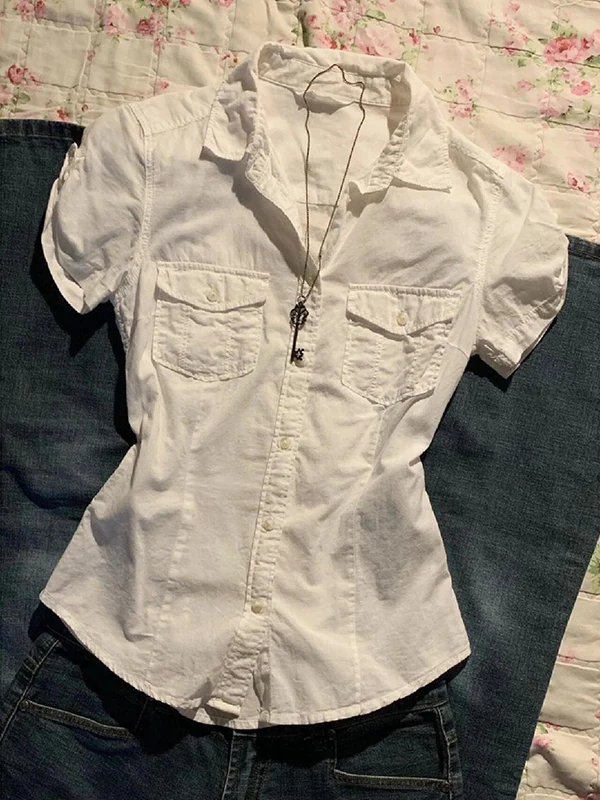 Original de talla grande blanco ort Sve irt mujer verano Vintage coreano Sle viaje tubo recto mezcla de algodón