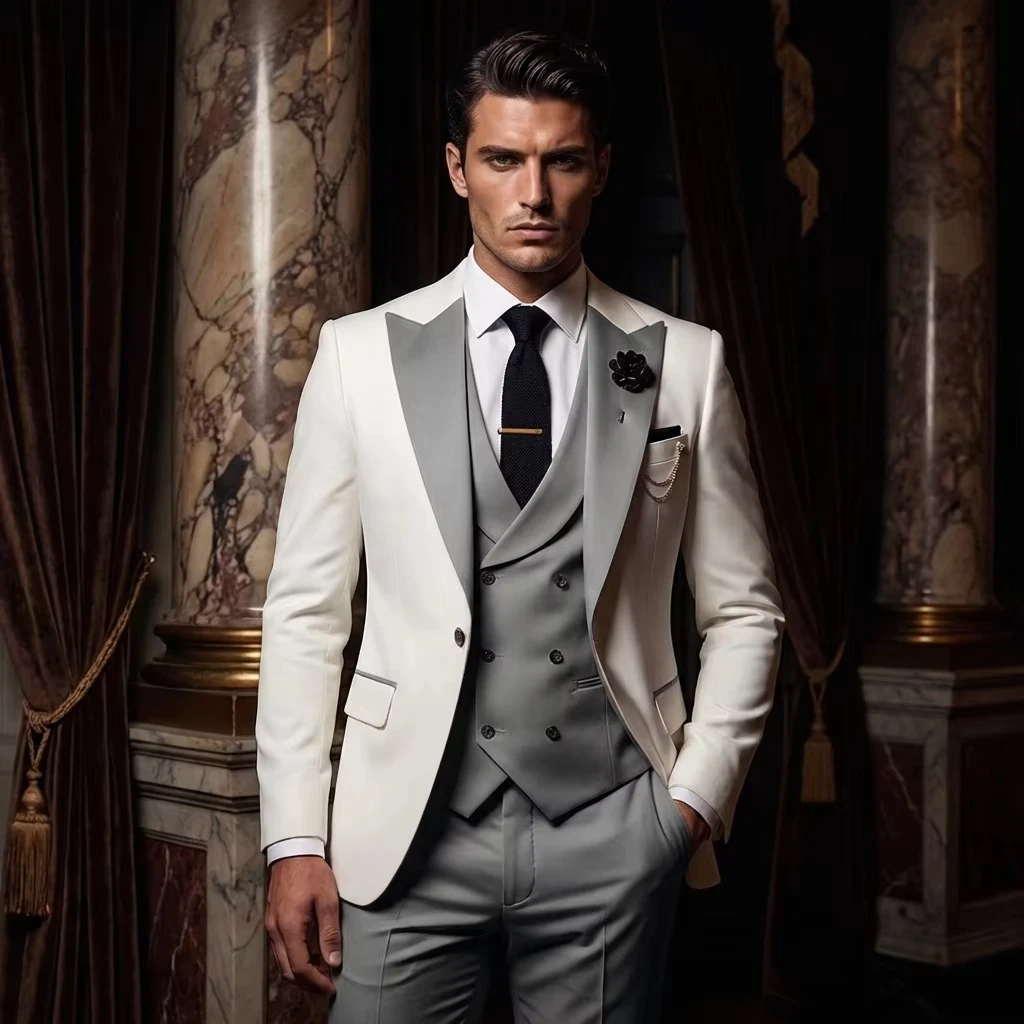 White Men Suits Elegant Splicing Peak Lapel Suits Dinner 3 Pieces Blazer Pants Vest Set High Quality Wedding Party