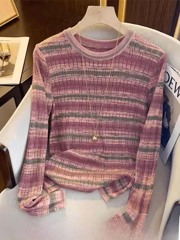 

Soft Cozy Women's Knitted Sweater Spring 2025 Hollow out Stripe Design Vintage Gentle Salt Sle Korean Loose Fit Long Sve