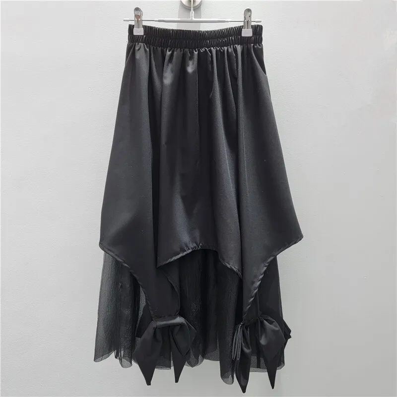 WTHT 2025 Spring New Fashion Women's Spliced Mesh 3D Bows Design Long Skirts Elastic High Waist A-line Skirt Female 1LS817