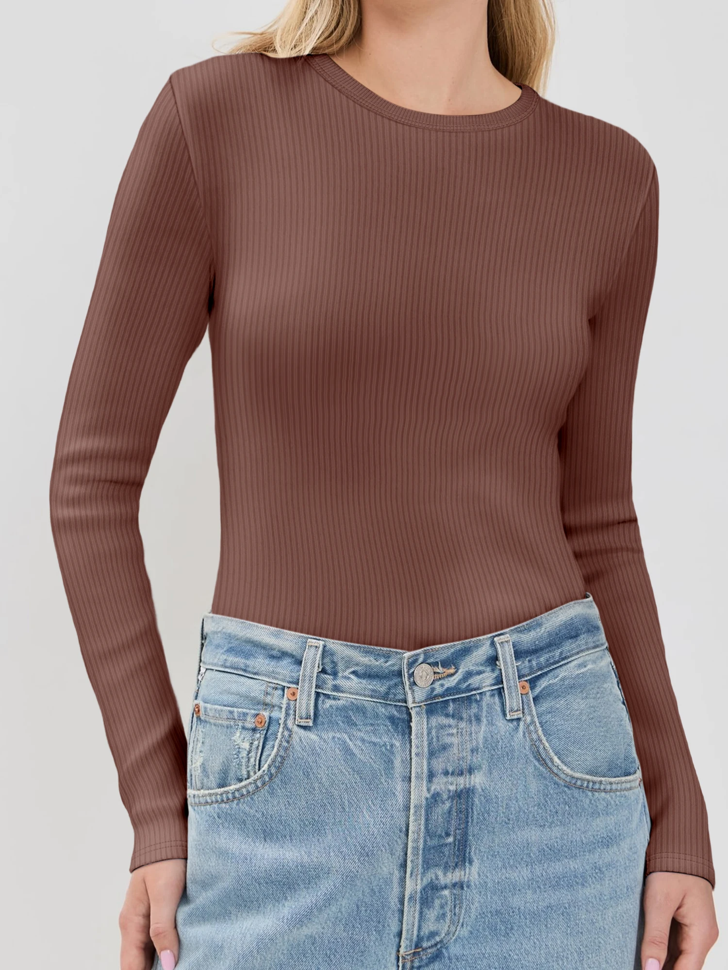 

Hip Hop Style Ribbed Long Sleeve T-shirt Women's Crew Neck Slim Fit Top Solid Color All Match for Streetwear & Daily Wear