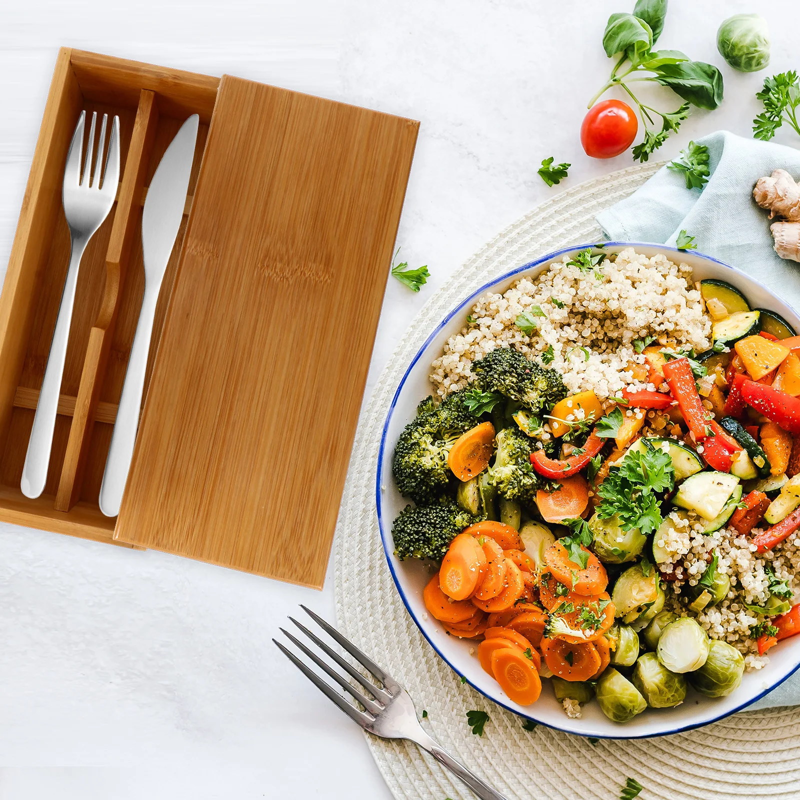 

1Pcs Bamboo Chopsticks Cutlery Storage Box Dust-Proof Lid Kitchen Organizer Tableware Holder Flatware Case Utensil Storage