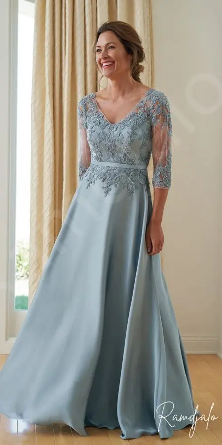 Customized Mother of the Bride Gown Misty Blue Satin Lace Bodice Sheer 3/4 Sleeves A-Line Skirt Special Occasions Grace Weddings