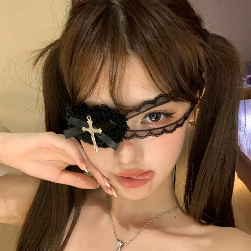 Maska na oczy w stylu punk z krzyżem, damska Lolita Cosplay, gotycka opaska na oczy, Halloween, serce, kokarda, koronkowe akcesoria do okularów, prezenty świąteczne.