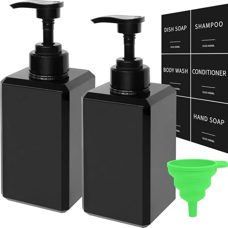 Black Soap Dispenser with Waterproof Labels, for Bathroom, Shampoo and Conditioner Bottles