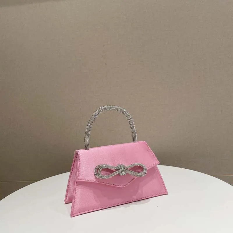 Women Rhinestone Bow Satin Handbags Elegant Boutique Crystal Top Handle Evening Clutch Purses Chain Crossbody Bags Wedding Party