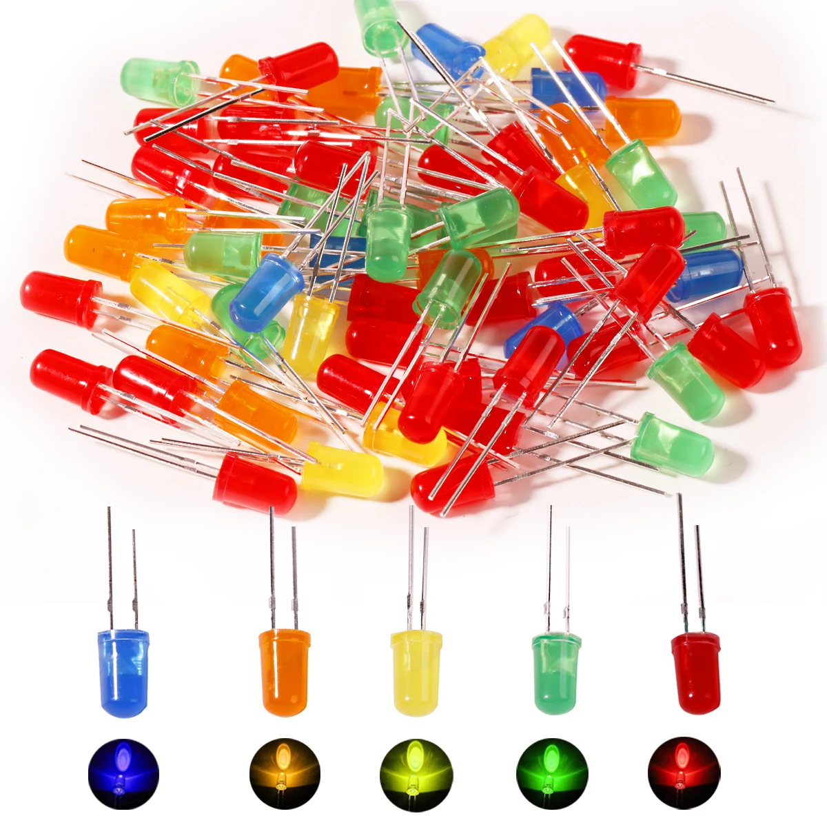 200pcs LED Diodes Lights Assortment Kit 5mm Transparent Light Emitting F5 White Green Red Blue Yellow Orange