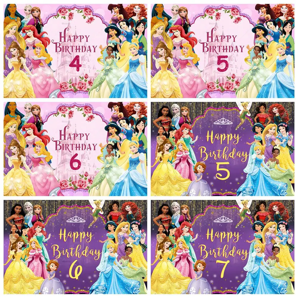 Disney Princesses Photography Backdrop for Girls Baby Shower Birthday Decor Custom Fairy Table Kids Dessert Table Banner