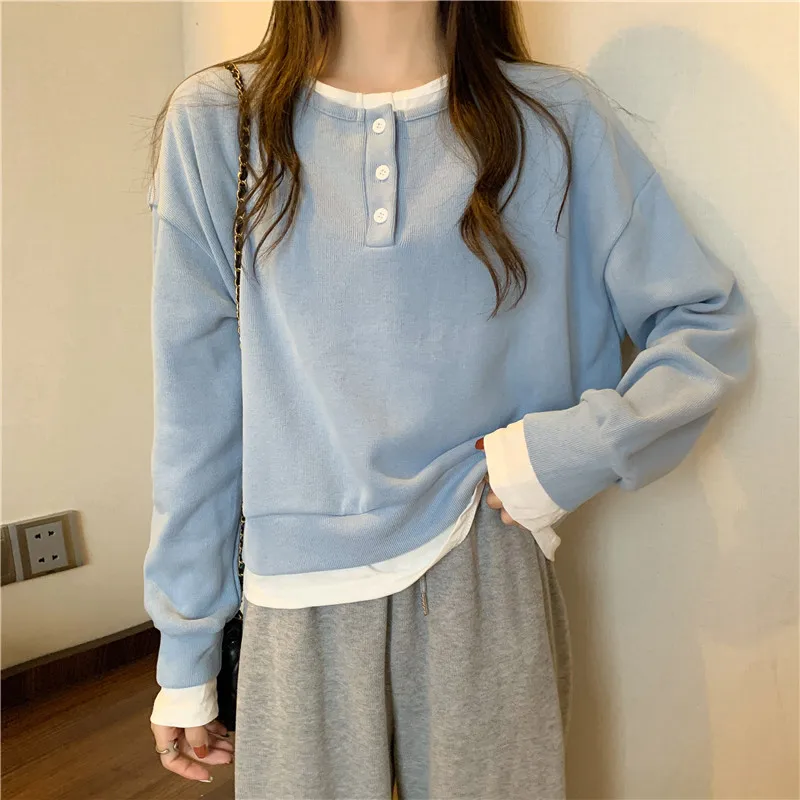 Cross-Border Super Popular Fake Two-Piece Sweatshirt Women, Spring And Autumn Thin Cotton Loose Korean Style Design Sense Niche