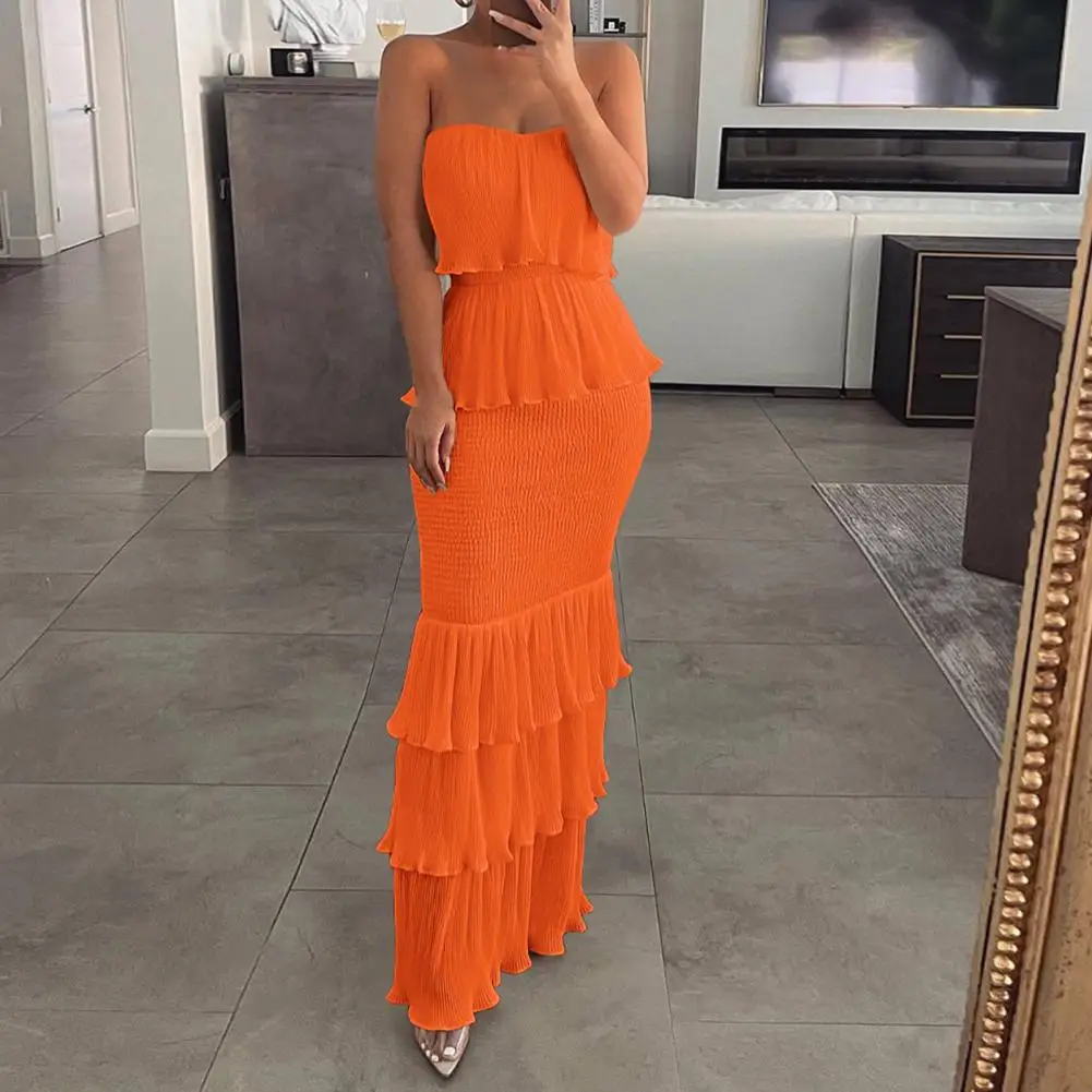 

Women Tube Top Dress Elegant Off Shoulder Maxi Dress Pleated Ruffle Backless for Cocktail Parties Banquets Proms Lady Wedding