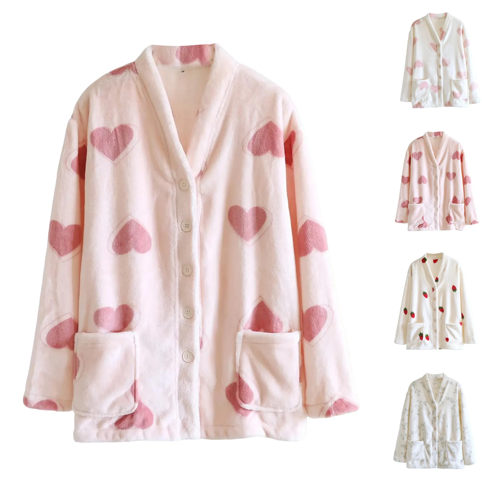 سترة نسائية عصرية برقبة على شكل حرف V وأكمام طويلة وأزرار سفلية لخريف وشتاء من الفلانيل دافئة ومريحة ملابس نوم سترة ملابس منزلية #1