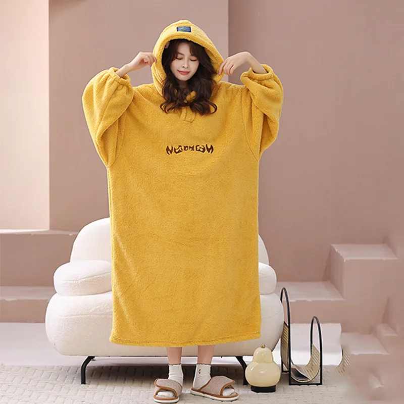 Autumn and Winter New Long Section Warm Hooded Robe Home Wear Shu Cotton Velvet Lazy Bathrobe Large Size Pajamas Home Wear