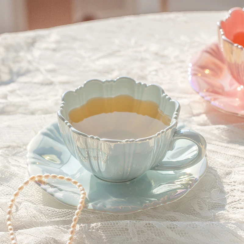 

Pearl Petal Ceramic Cup Coffee Cup and Saucer Afternoon Tea Red, White & Blue Coffee Mug Milk Tea Cups Mugs Teacup Drinkware