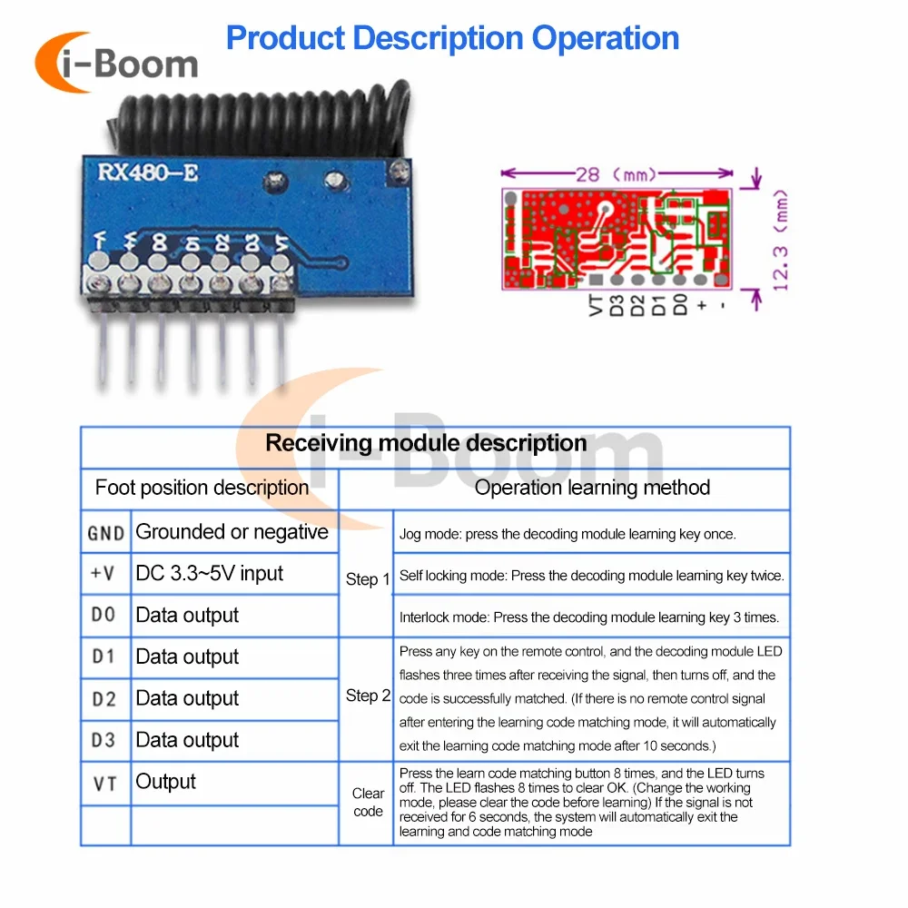 DC 3.3~5V 315mhz/433mhz Wireless Receiver Module Remote Switch Adapter EV1527/PT2262 Wireless Decoder Module EV1527 Programmable