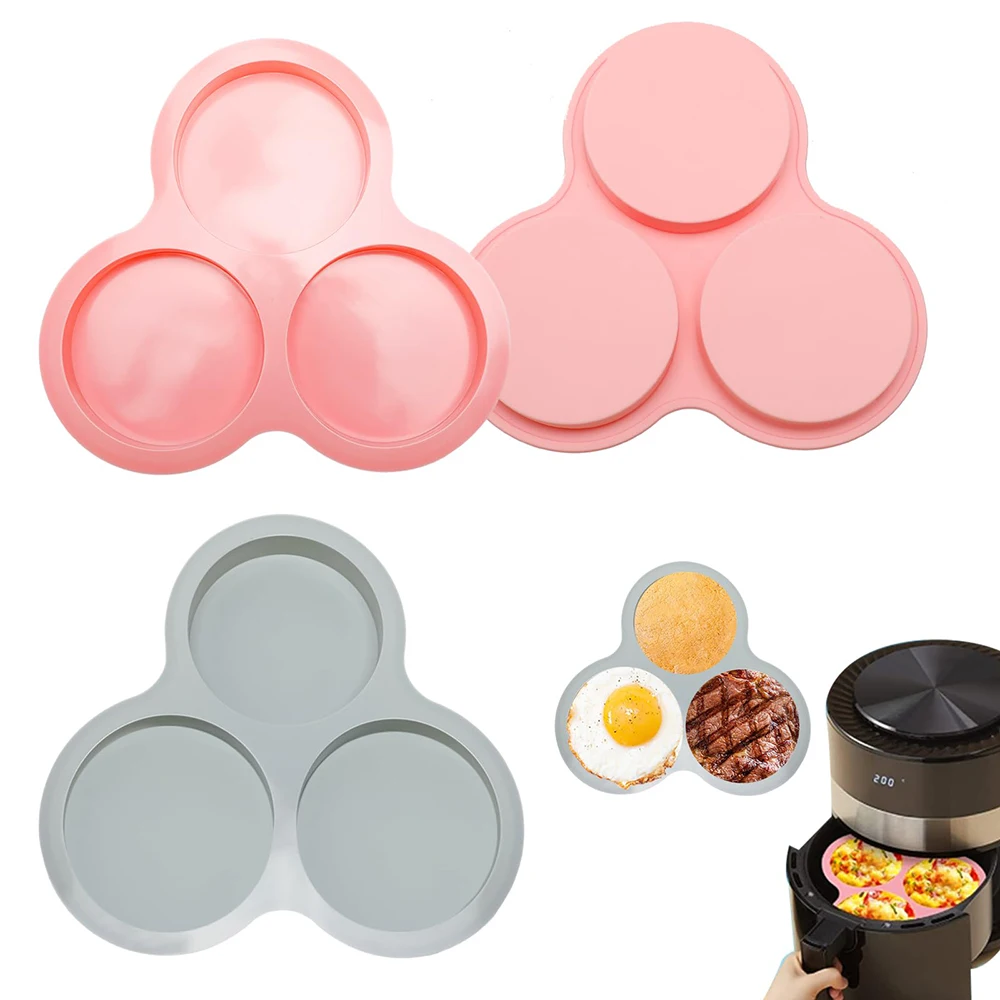 3 Cavity Air Fryer Egg Pan Reusable Silicone Egg Mold Non-Stick Cupcake Baking Tray for Hamburger Bun Pan Airfryer Accessories