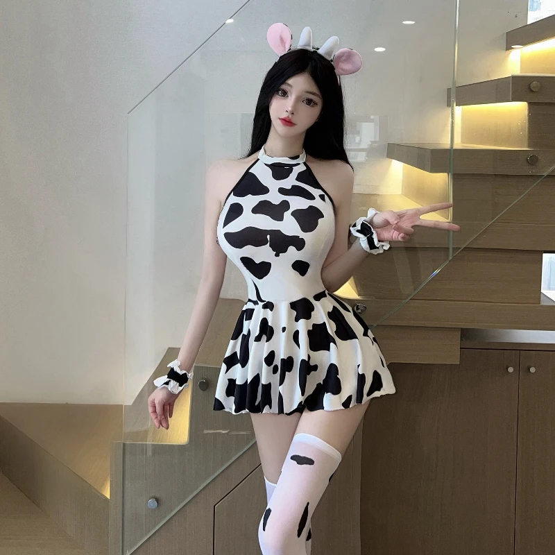 Uniforme de Cosplay de sirvienta de vaca linda, traje de vaca de leche Sexy, lencería de seducción, Anime, Lolita, Gato juguetón, vestido estampado, conjunto sexual para adultos