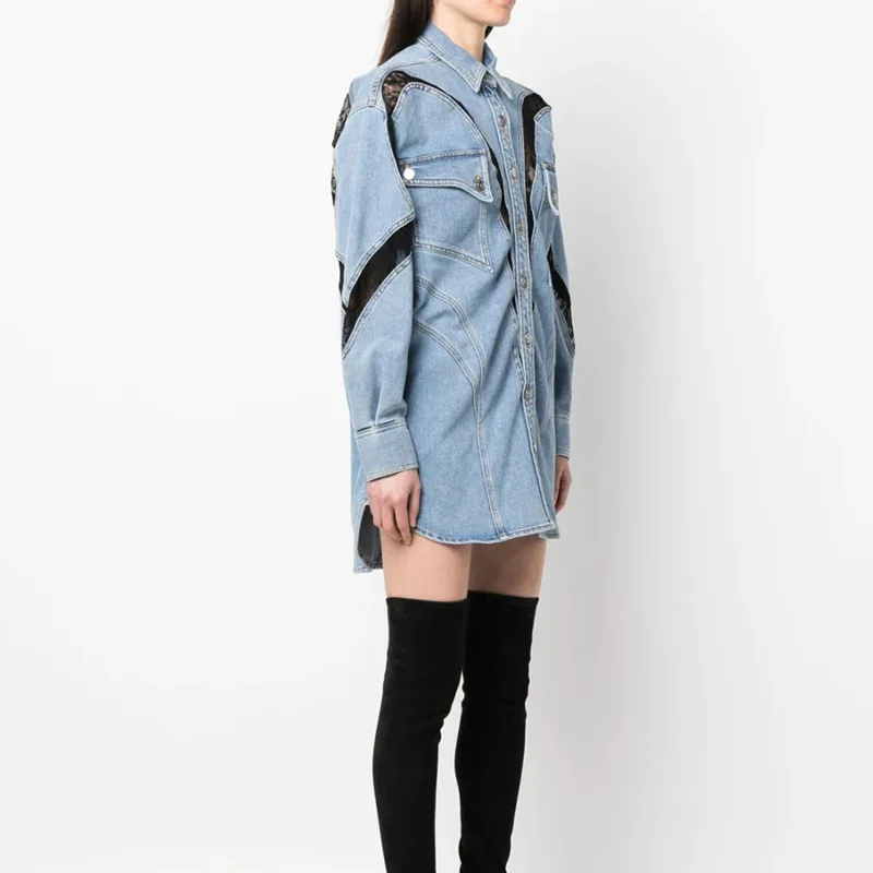 Zoci moda preto rendas retalhos denim jaqueta feminina lapela oco para fora único breasted irregular solto jaquetas novo fc1383